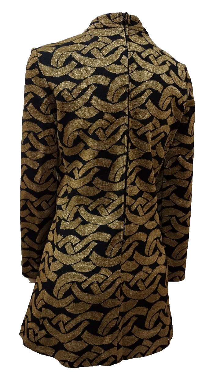 Vintage 60s Mod Mini Dress Gold Metallic Virgin Wool KIMBERLY M MOCK LONG SLEEVE