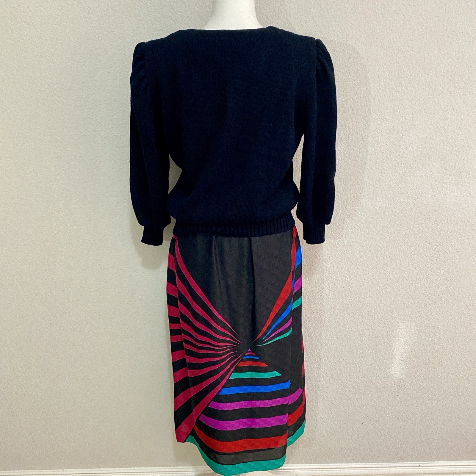 Vintage Anthony Sicari 2pc Set Black Pink Neon Striped Sweater Skirt Size 6 USA