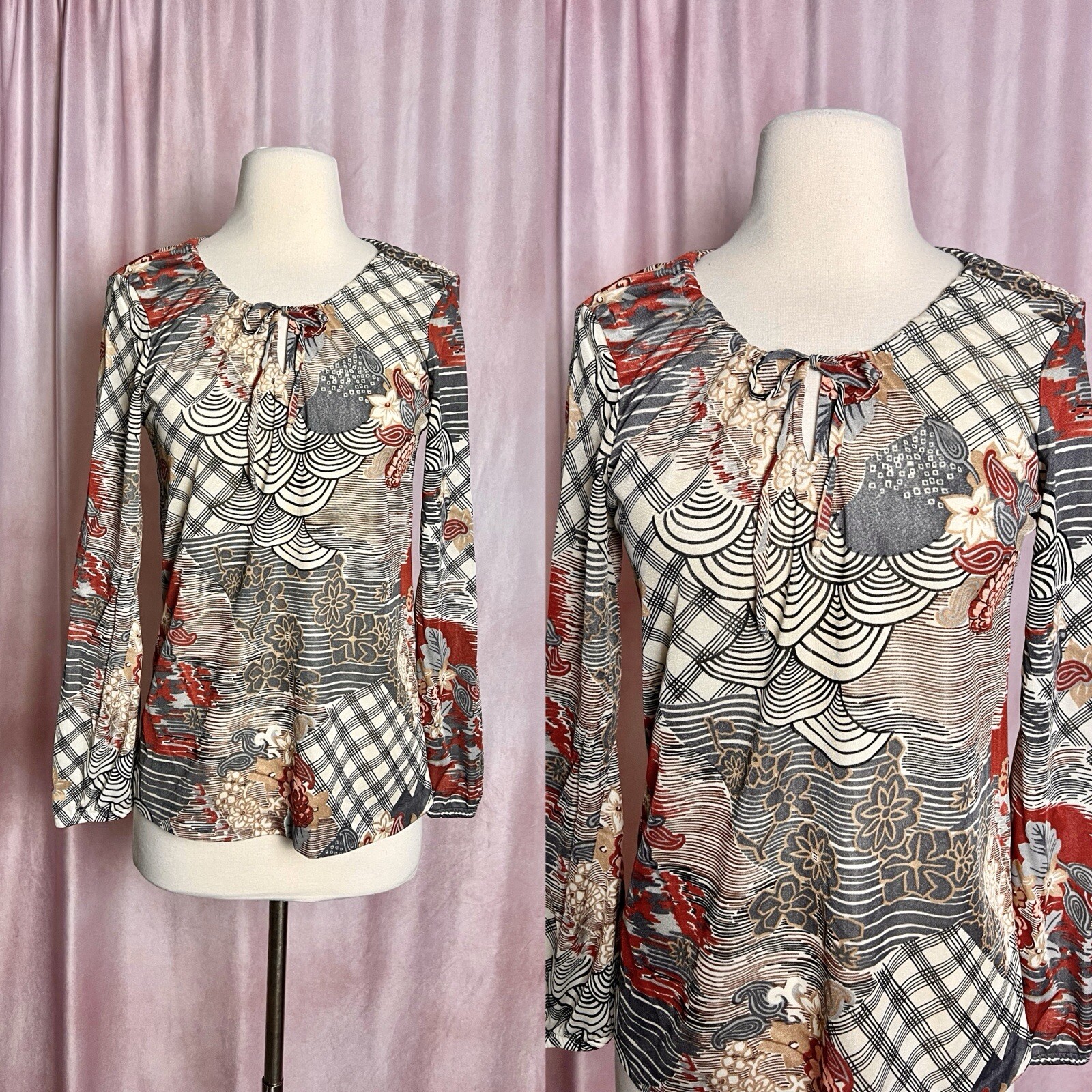 Vintage 60s 70s Blouse Small Abstract Floral Mod Hippy Geometric Balloon Sleeve