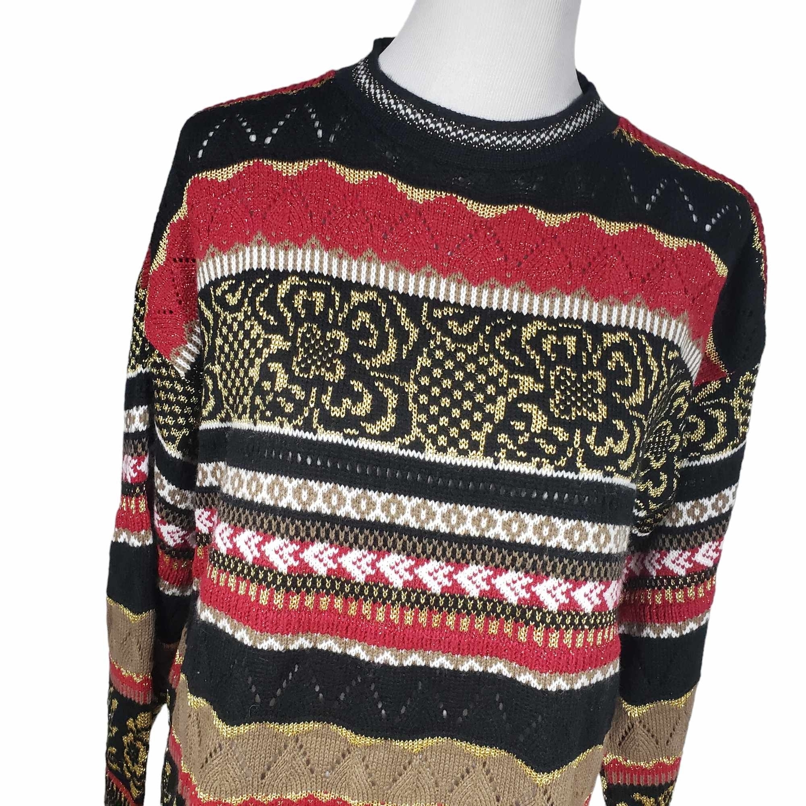 Rose Vintage *Large Black Metallic Gold Red Open Weave Knit Acrylic Blnd Sweater