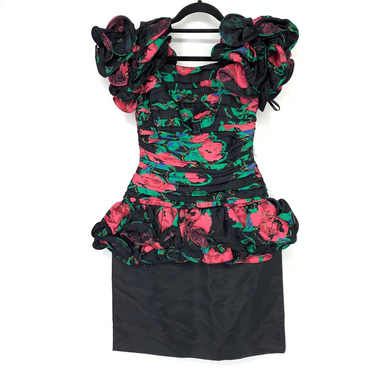 Vintage Tadashi Women’s Sz XS Floral Print Off Shoulder Mini Dress Black Pink