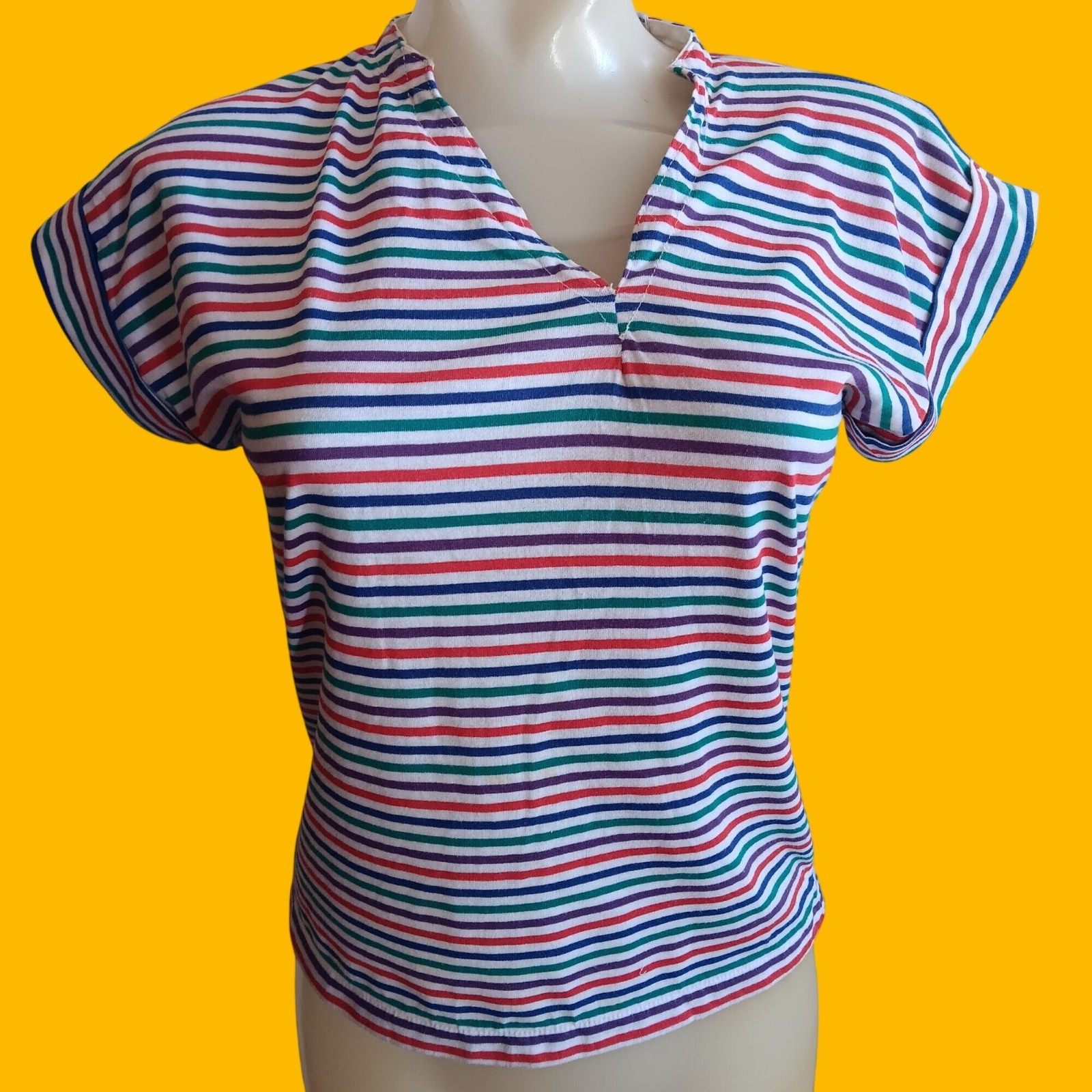 Women’s Large Vintage T-Shirt Casual Corner Striped V-Neck Top 1980s Altered