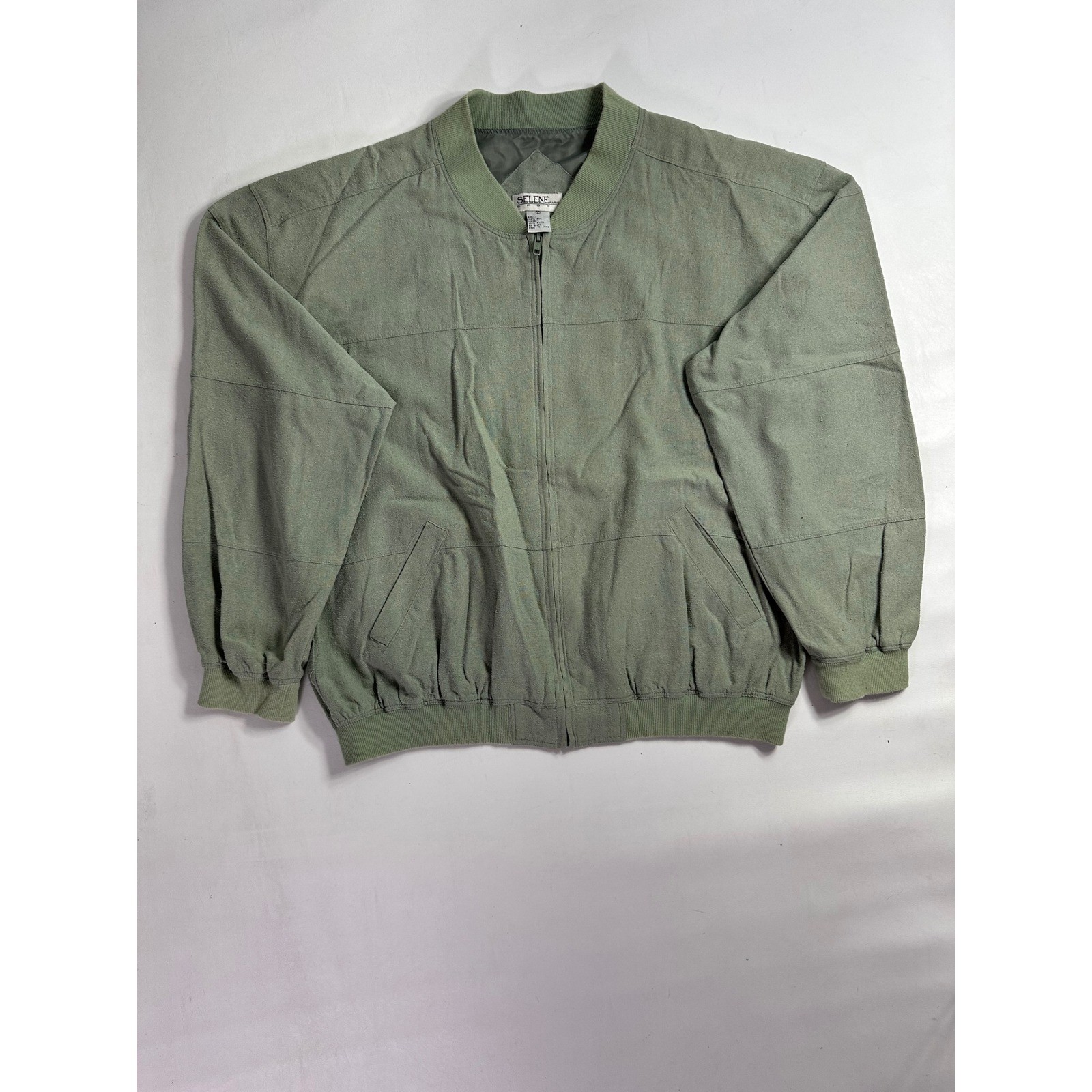 Selene Sport Sage Green 100% Silk 2-Piece Tracksuit Bomber Jacket Pants Set XL