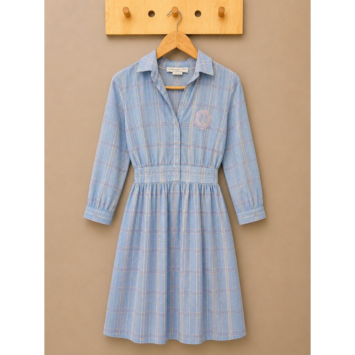 Vintage California Girl Petites Blue Plaid Smocked Waist Shirt Dress Size 8 USA