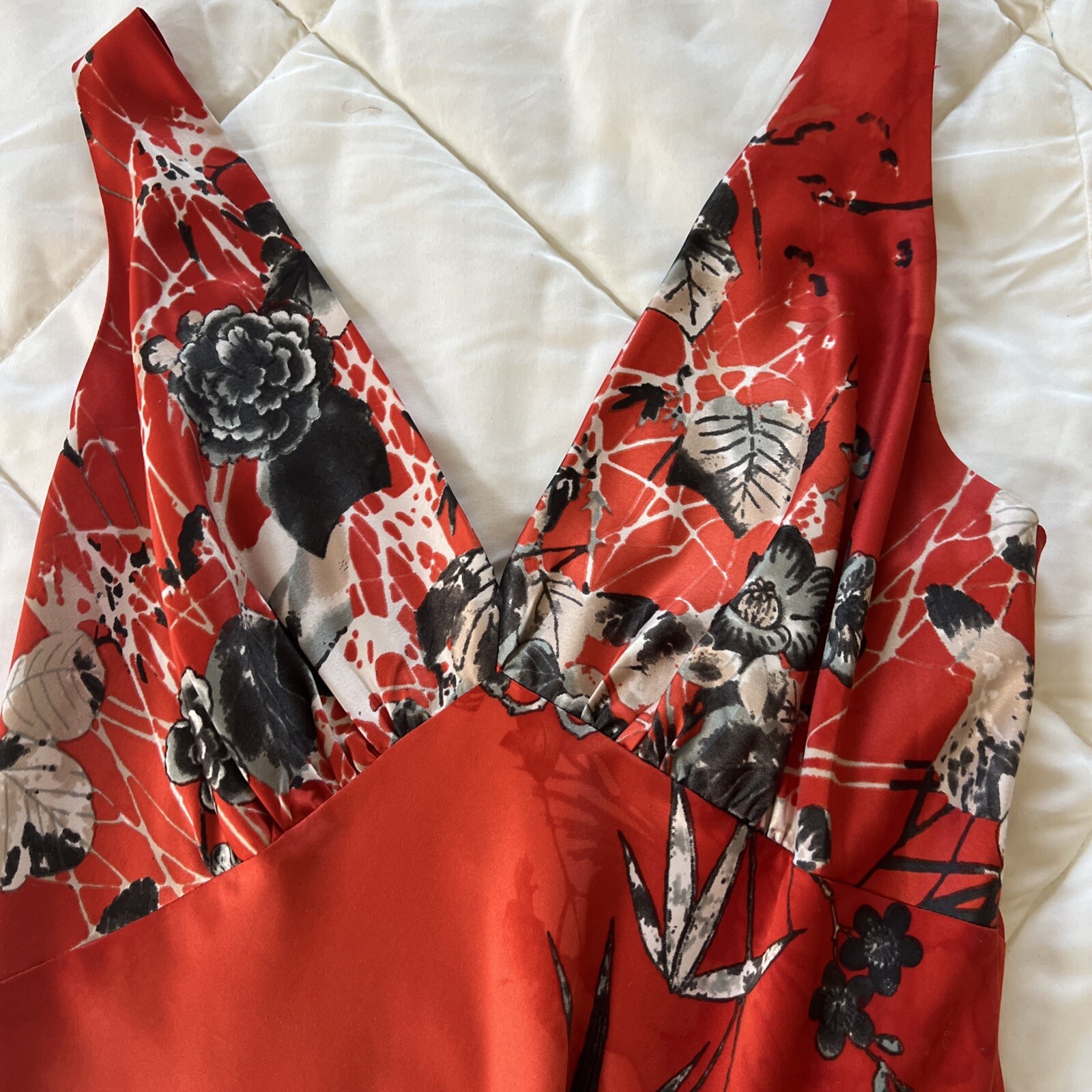 Vintage Deep V-neck Sleeveless Lingerie Inspired Floral Orange Maxi Dress S/M