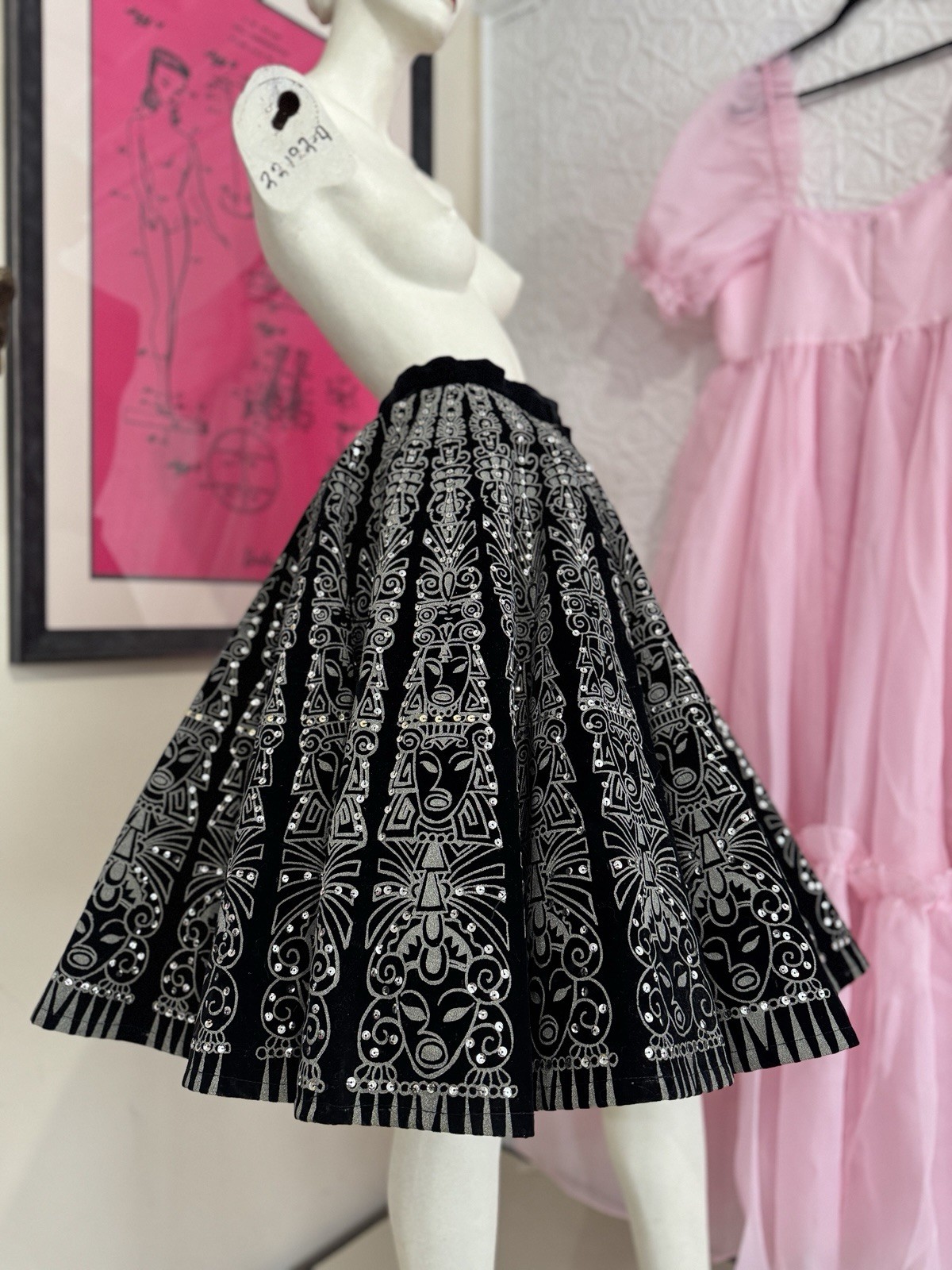 Vintage Velvet black circle skirt-Hand painted-Sequin-1950s-Skate-Silver-Deity-M