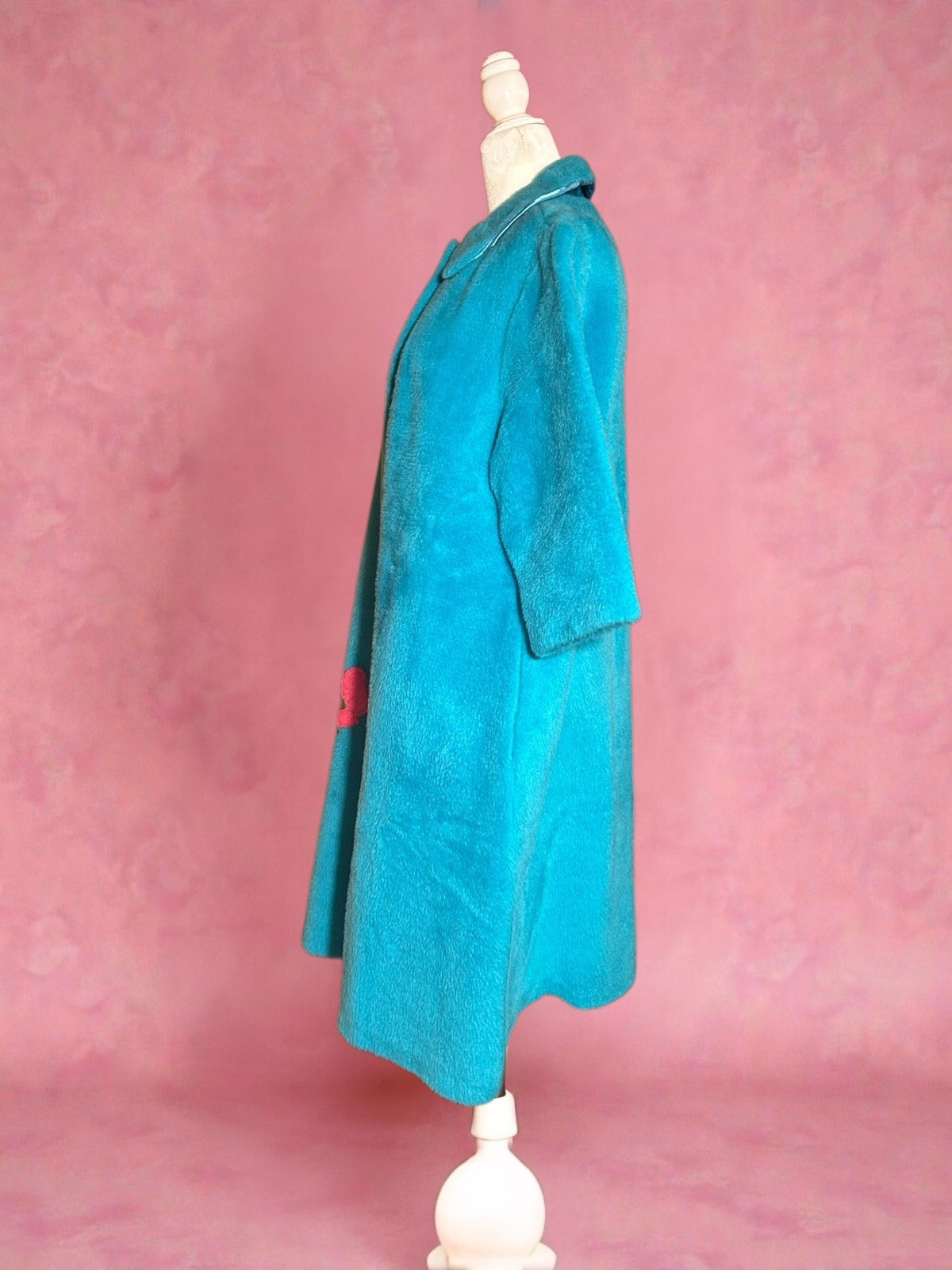 Vtg 1960s Mod Turquoise 100% Cotton Plush Swing Coat Floral Appliqué Jacket L 14