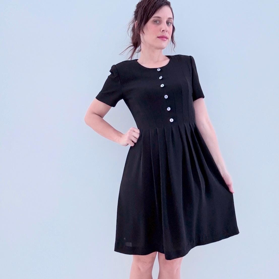 Vintage 90s Black Mini Dress 6 Button-Up Short Sleeve Fit & Flare Shirtdress