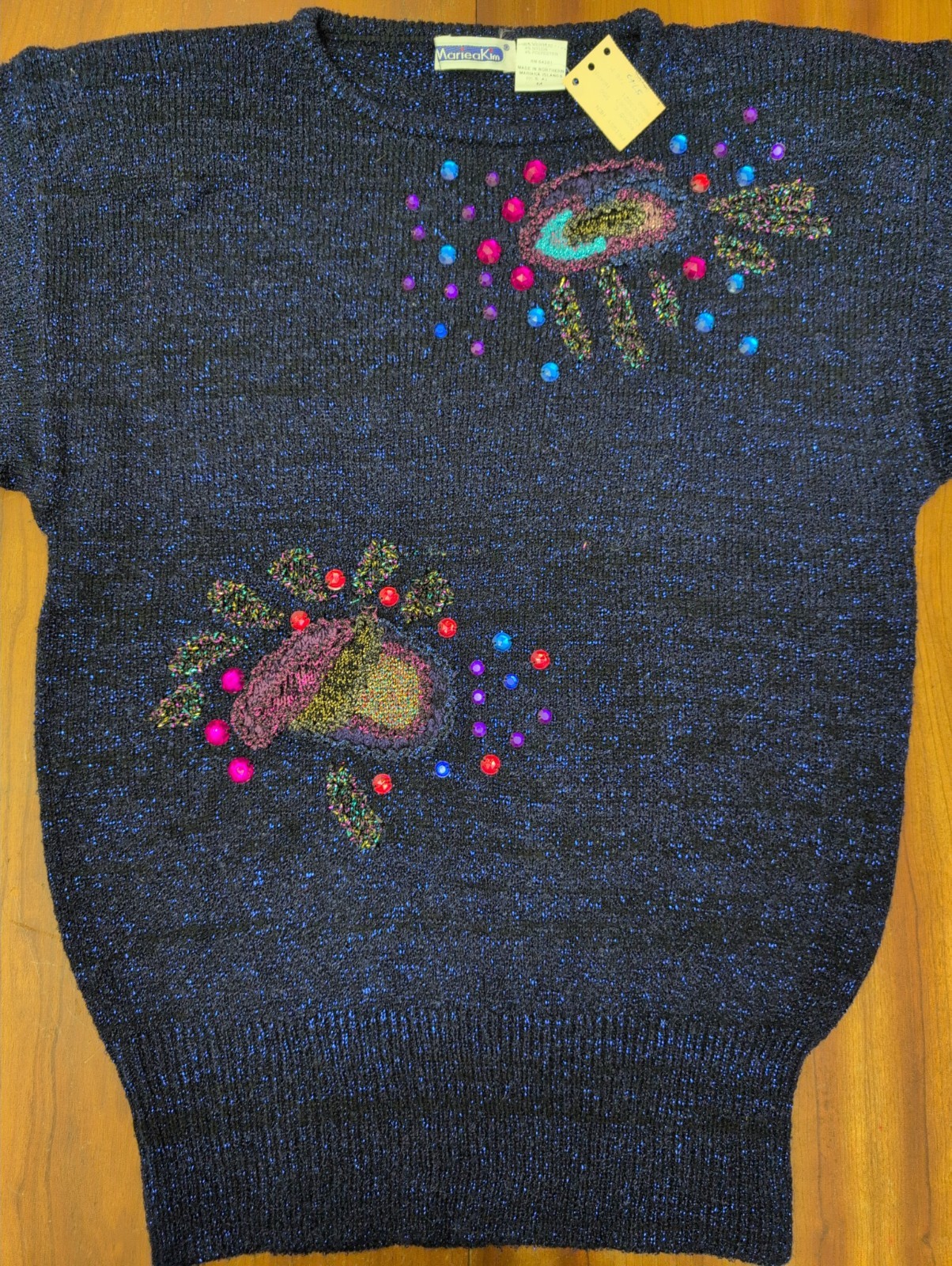 Vintage NEW Mariea Kim Sweater M Metallic Blue Beaded Embellished Artsy 80s 90s