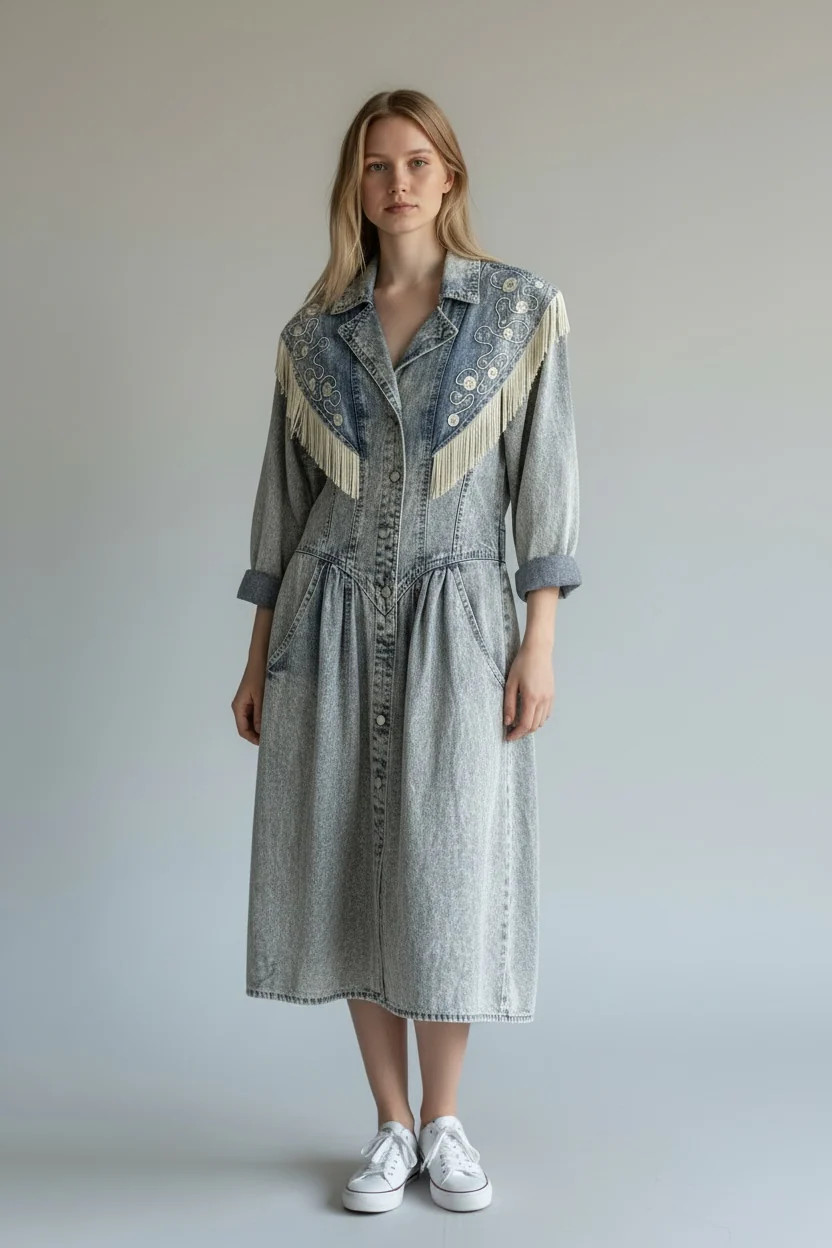 Vintage Denim Fringe Western Dress, size L