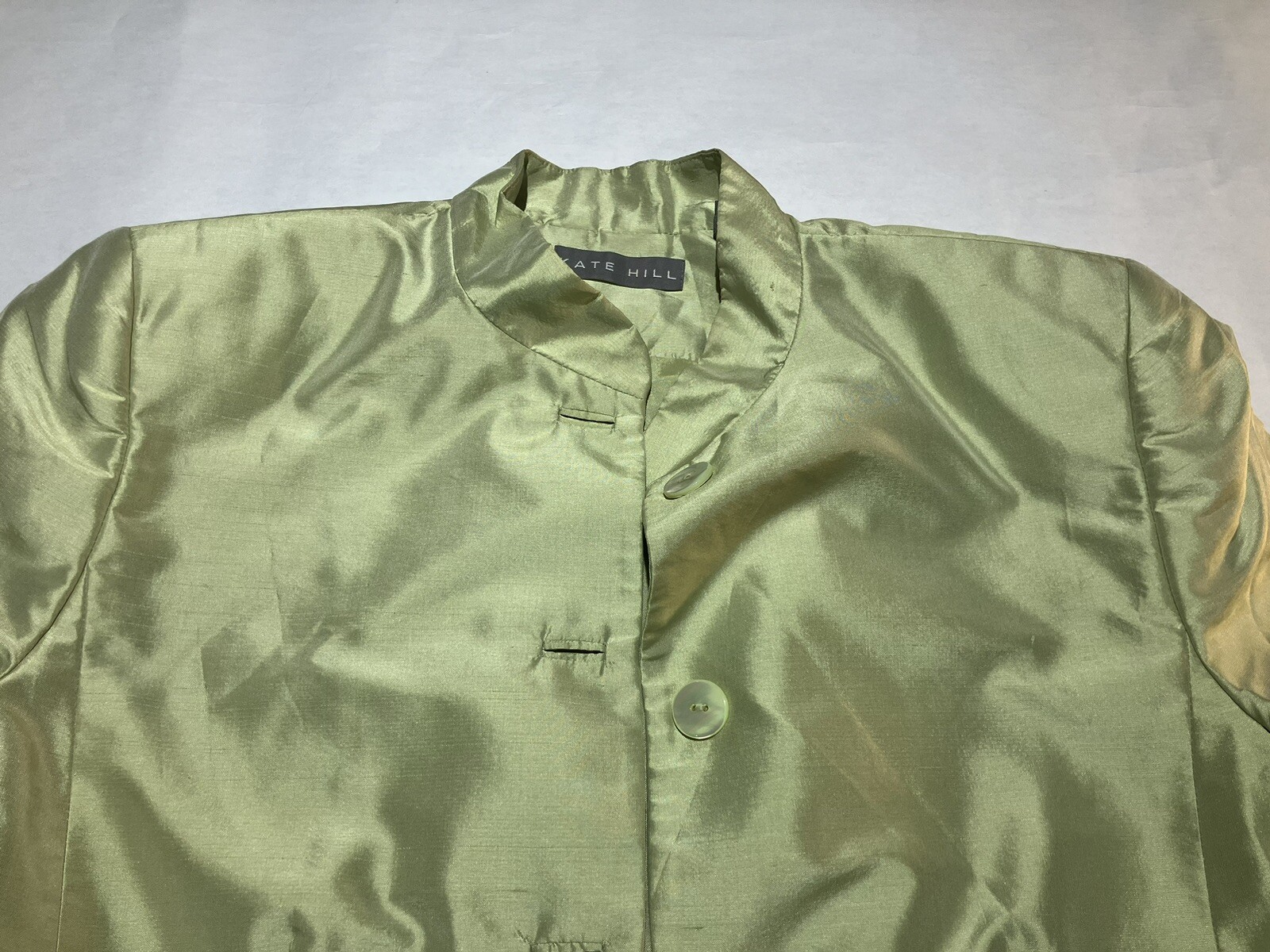 kate hill lime green shoulder pads two piece silk womens suit size 6top/4pants
