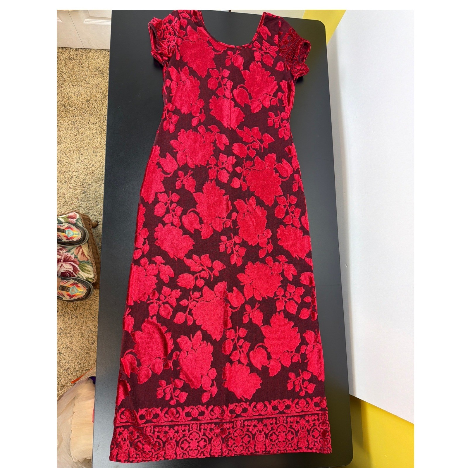 Vtg Caroline Wells Red Velvet Burnout Floral Maxi Dress Size 10 Romantic Glam