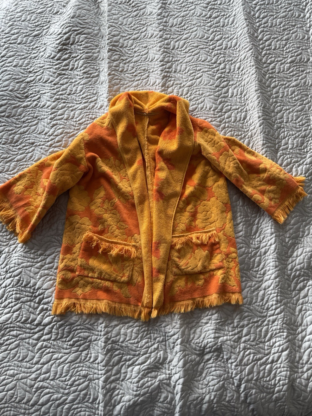 Vintage 60s 70s MCM Towel Swim Cover Up Jacket Orange Sculpted Terry Cloth