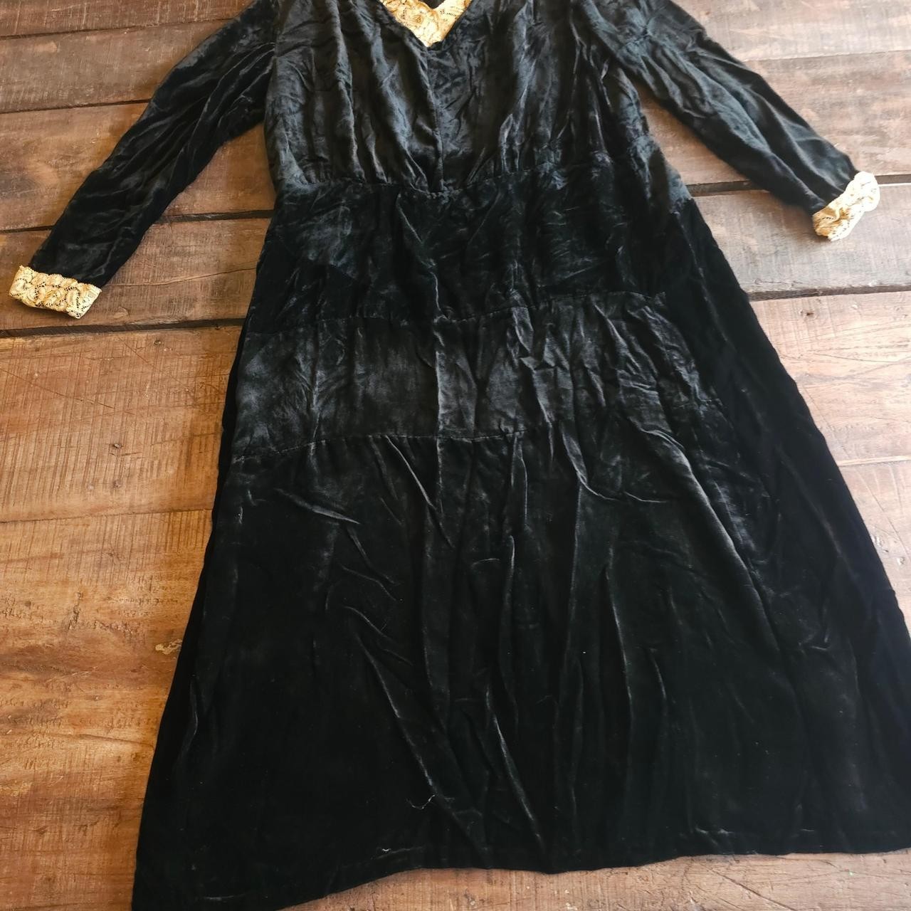 Antique Black Velvet Dress W/ Lace Detailing on Sleeves &Cuffs Long Sleeve Vneck