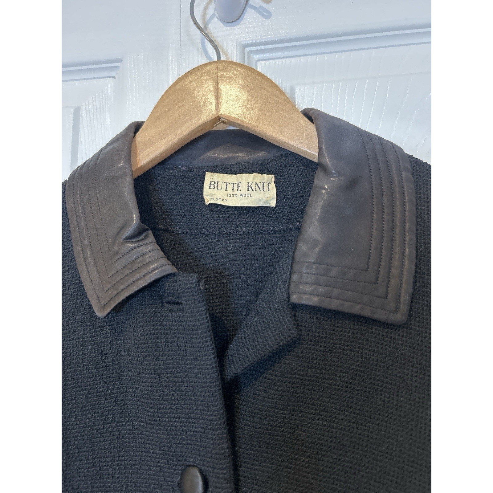 Butte Knit Wool Jacket Womens Medium Black Leather Trim Vintage Mid-Century 60s