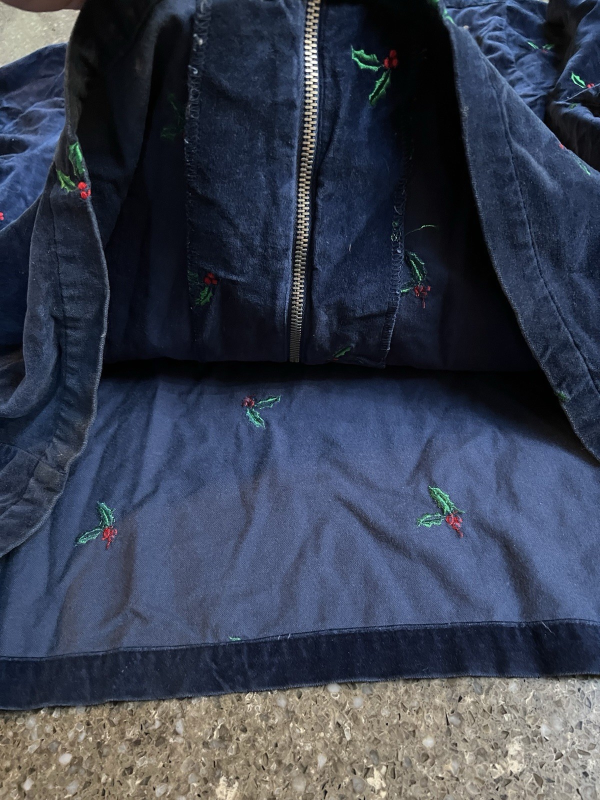 Vintage Embroidered Holly Full Zip Velour Look Shirt 100%Cotton Size 1X Holiday