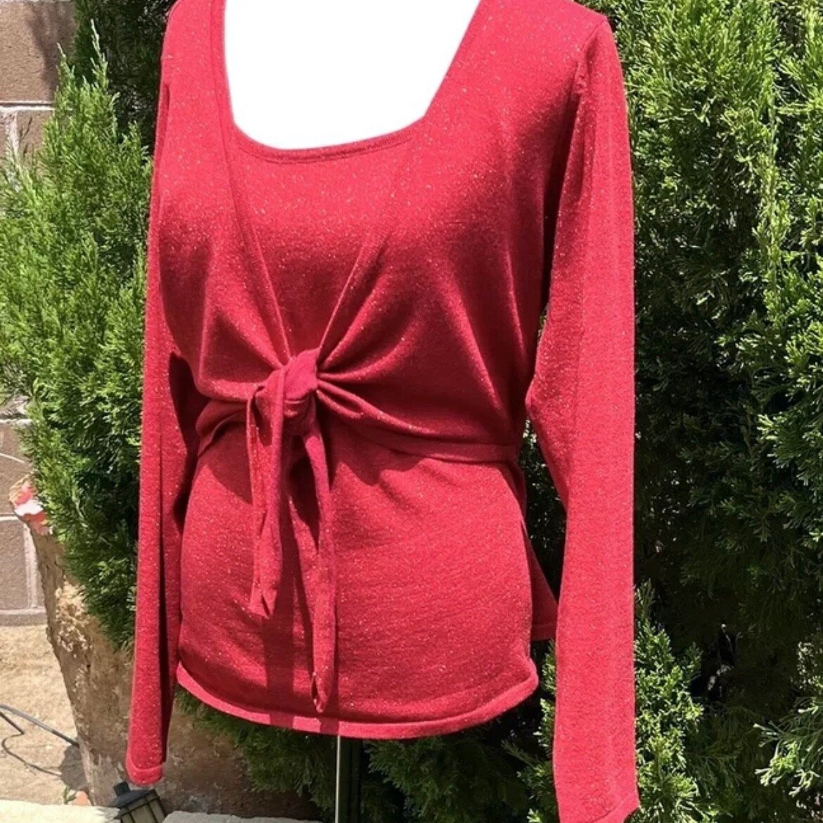 Blouse Red Size:XL Vintage Shimmery Pull Over Tie Front By NY Collection