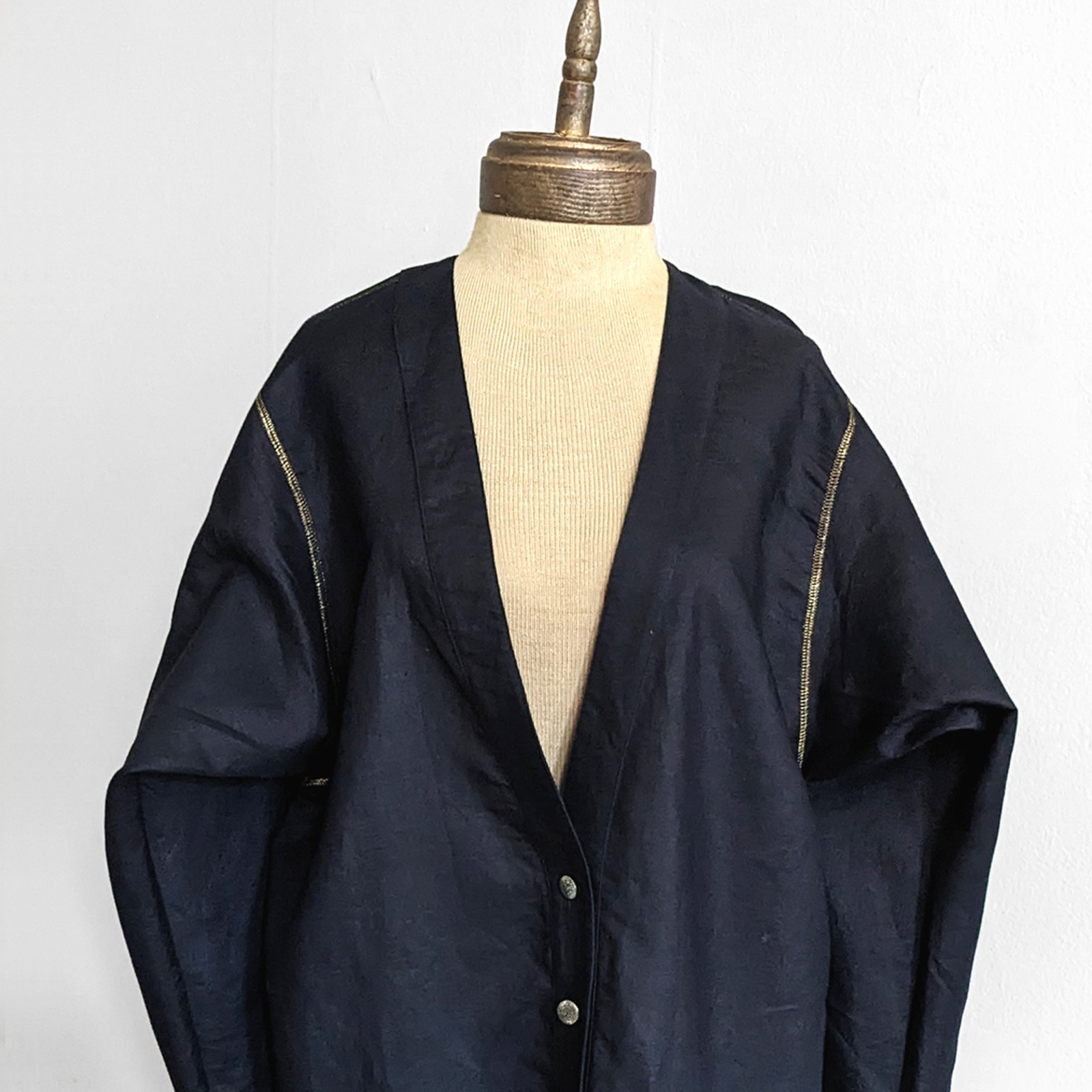 vtg 90s linen blend black & gold mid length cardigan jacket