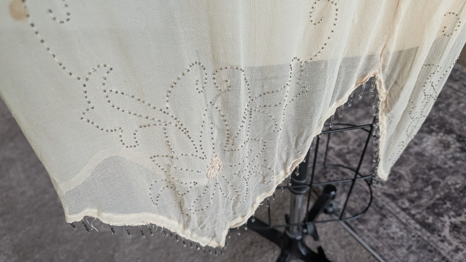 Antique 1920s silk beaded sheer dress beige flapper 40″ bust bead trim