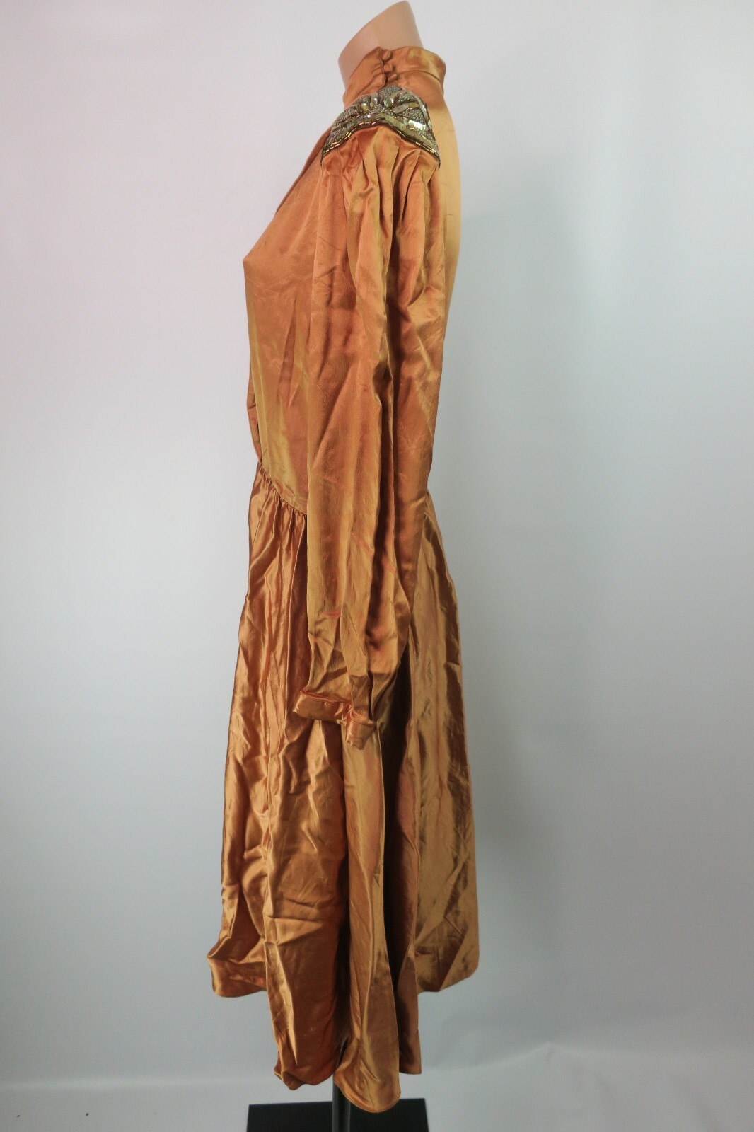 VTG 80s Bronze Gold Metallic House Dress Jonathan Hitchcock Sequin Fit Flare M/L