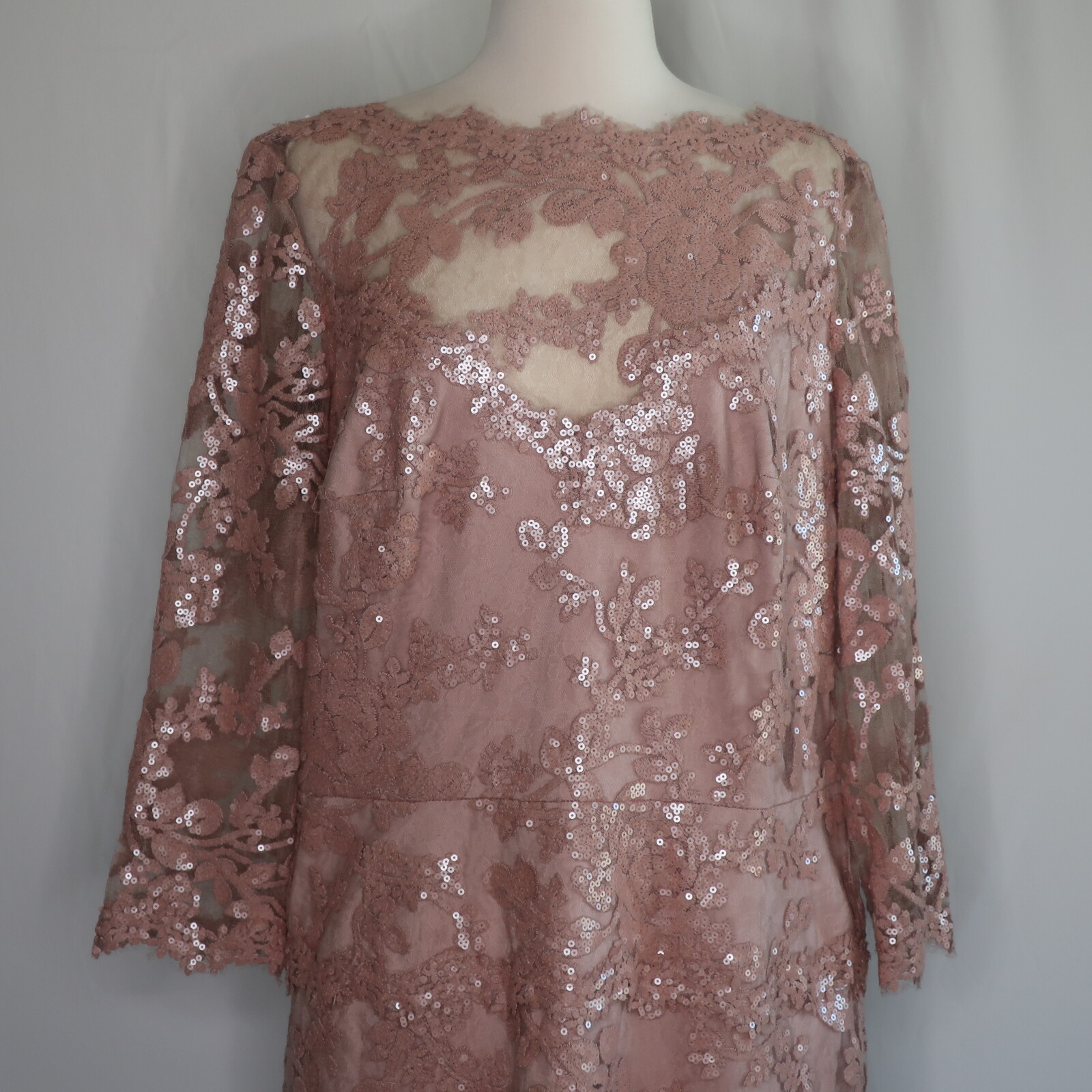 Tadashi Shoji Rose Pink Sequin Lace Floral Sheer Evening Cocktail Dress Sz 16
