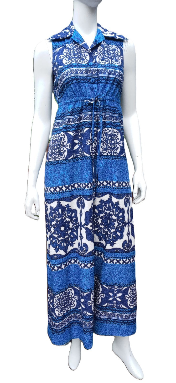 Penneys Hawaii VTG Small Barkcloth Maxi Dress Blue Tropical Sleeveless Collared