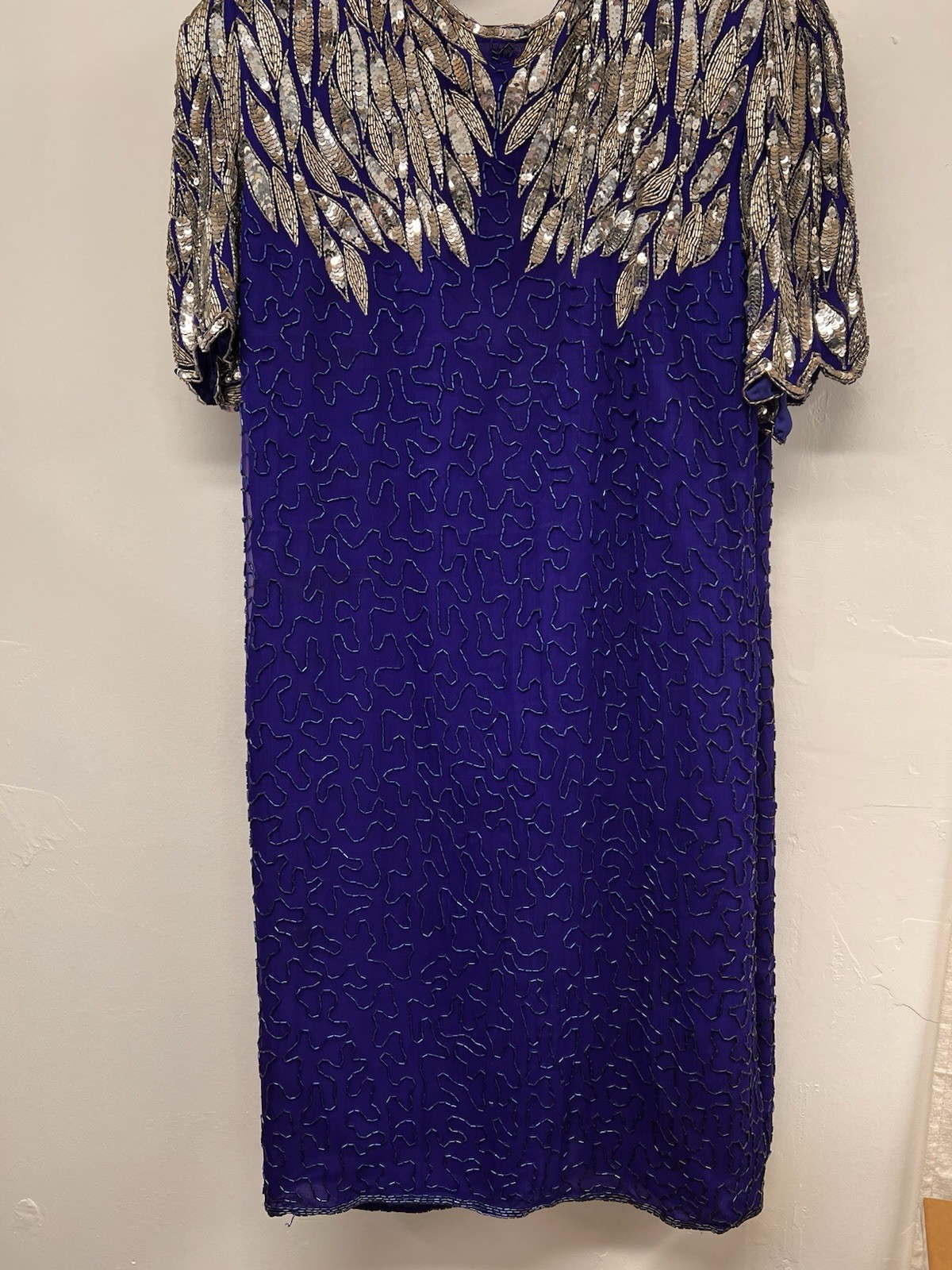 Vintage Formal Sequins Silk Beaded Dress Stenay 80’s Glamour Scallop Sleeves 14