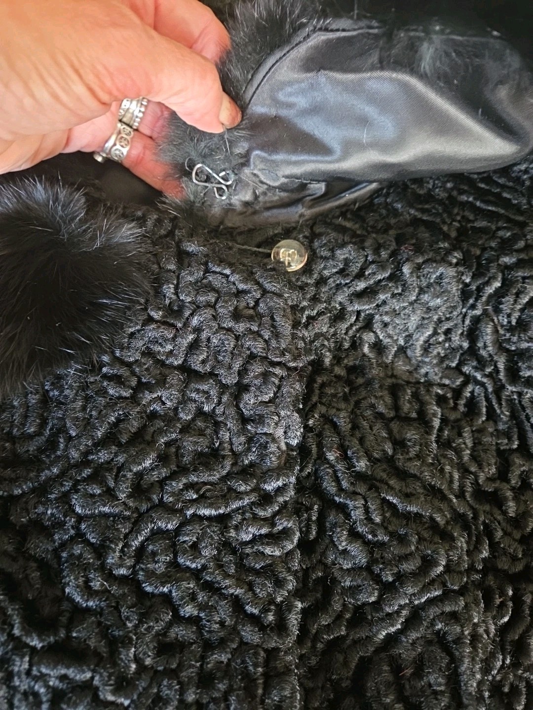 Vtg Anthony Rao Coat M Black Curly Lambs Wool w Real Fur Collar 50s 3/4 Sleeve