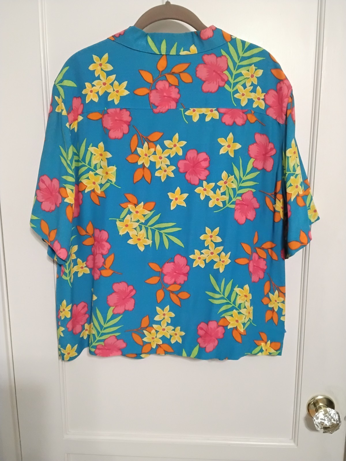 Vintage Marsh Landing Hawaiian Blouse Turquoise Tropical Orange Florals Large