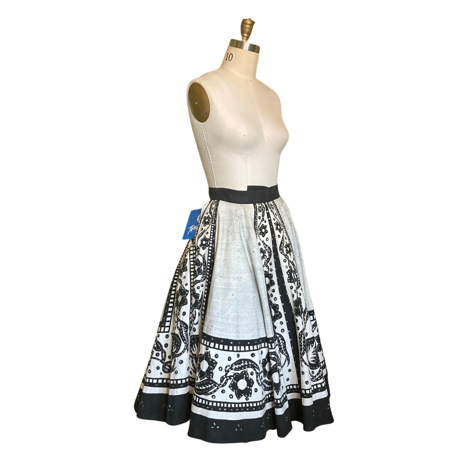 Vintage 1950s Black & Off White Floral Sequin Circle Mexican Skirt | 1950s Skirt