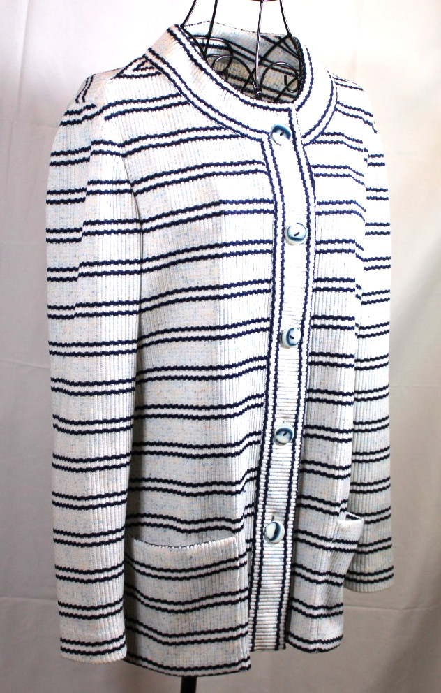 Vintage White & Blue Ribbed Sweater Button Front Blazer Striped Jacket Sz L