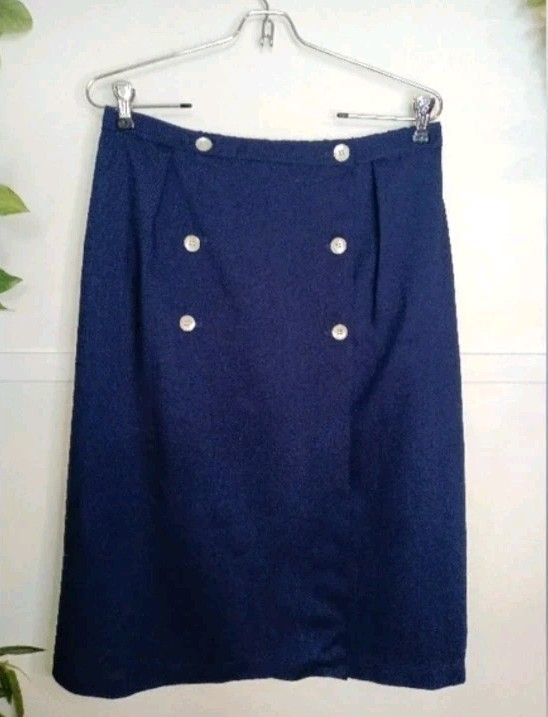 Vintage 70s Navy Blue Sailor Skirt Mother of Pearl Buttons Preppy Secretary M