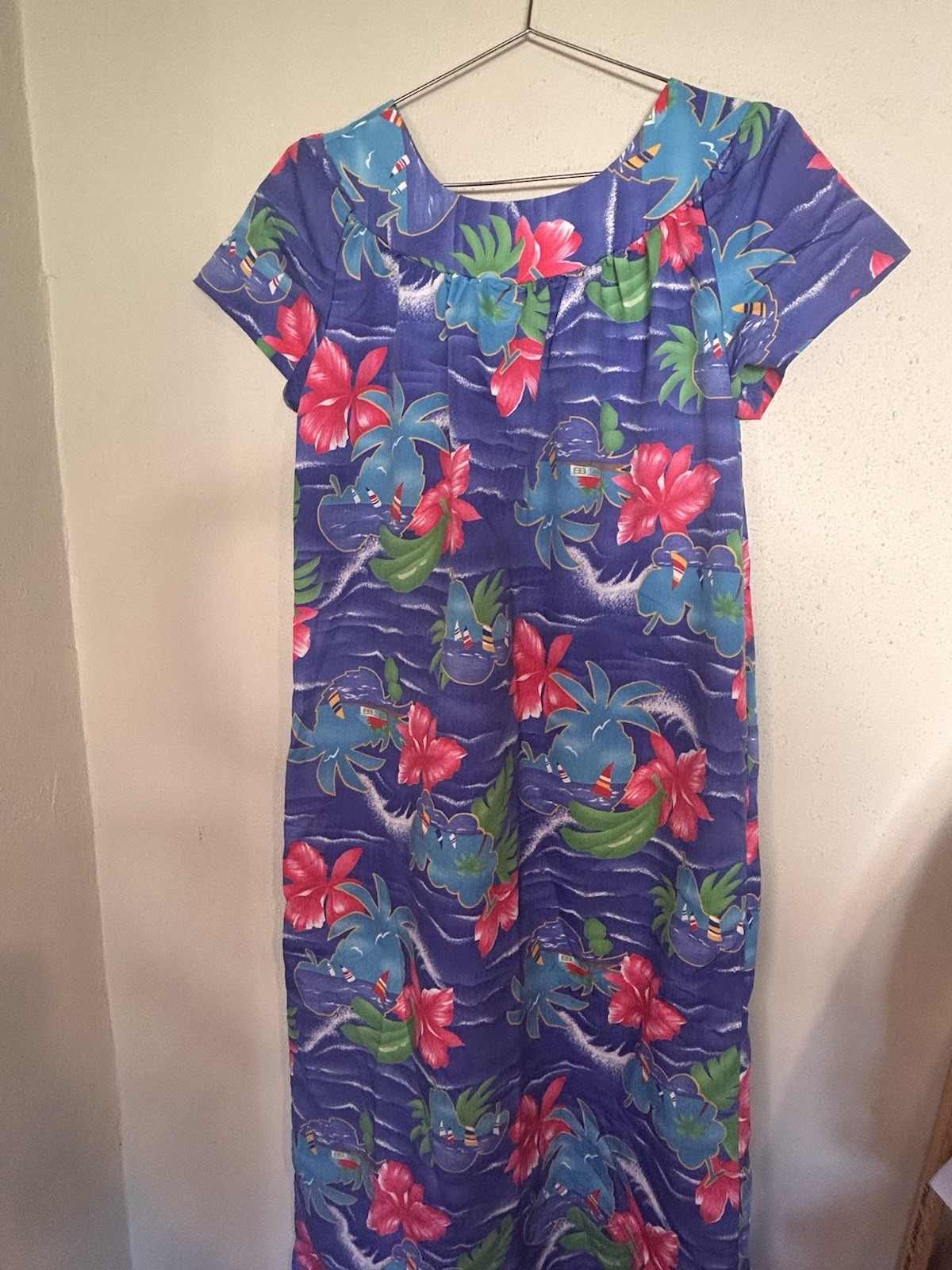 Vintage Island Fever Hawaii Maxi Mumu Dress Vibrant Blue Tropical Floral M 1984