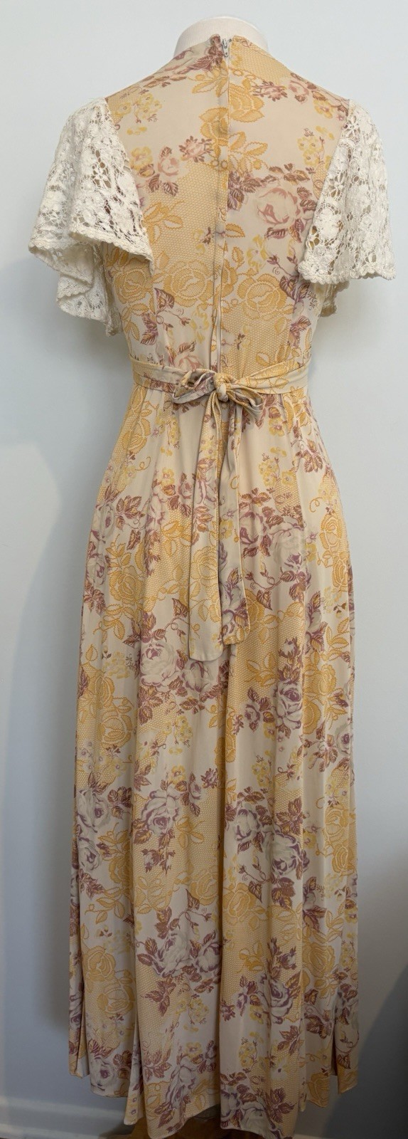 Vintage 1970s Floral Print Lace Maxi Dress Flutter Sleeves Tie Back Empire Waist