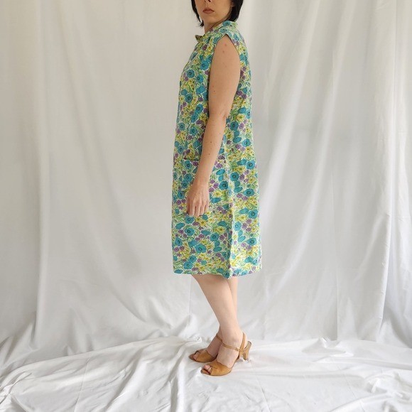 60s/70s Home Made Blue, Yellow, and Purple Floral Sleeveless Dress