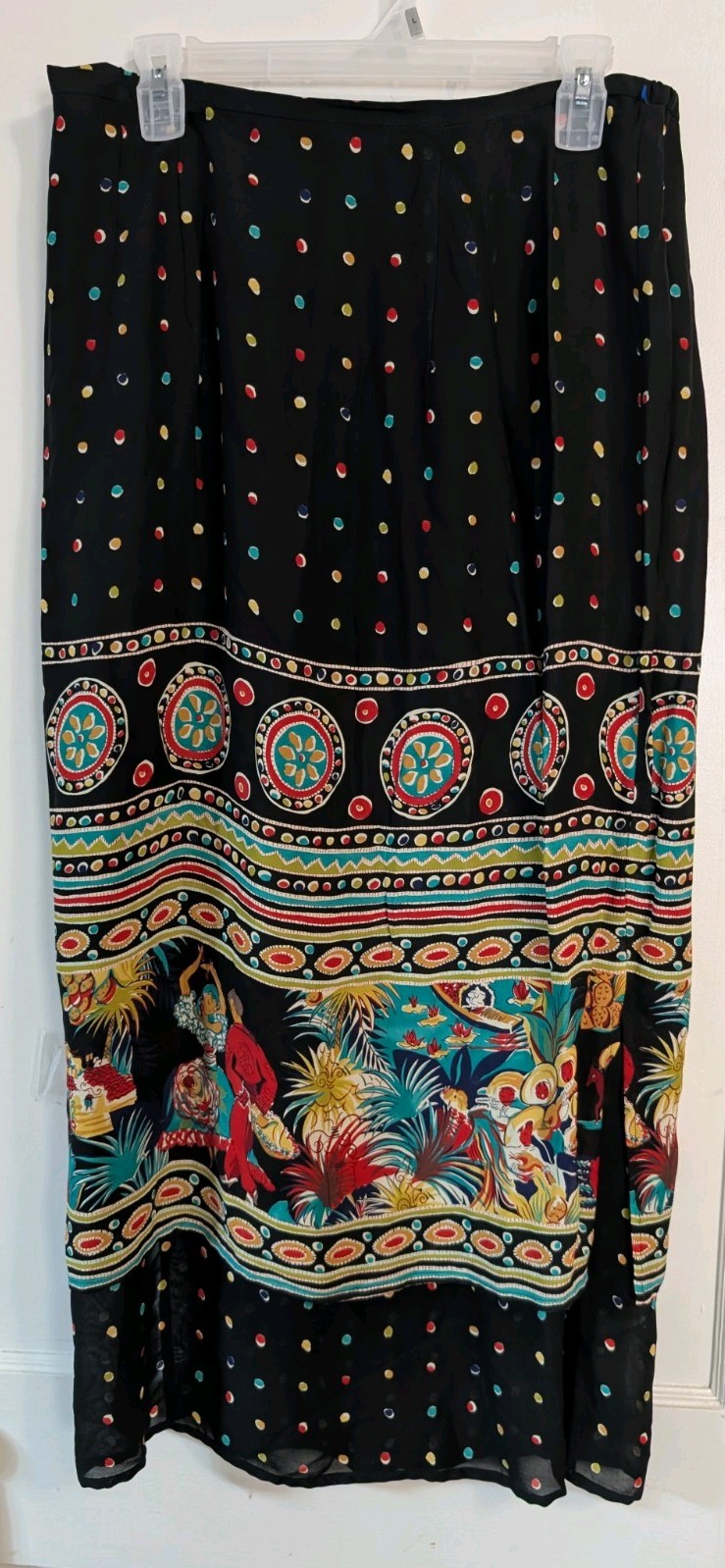 Vintage Sharon Young Maxi Skirt MSize 14 Black w/ colorful Mex accents Dancing
