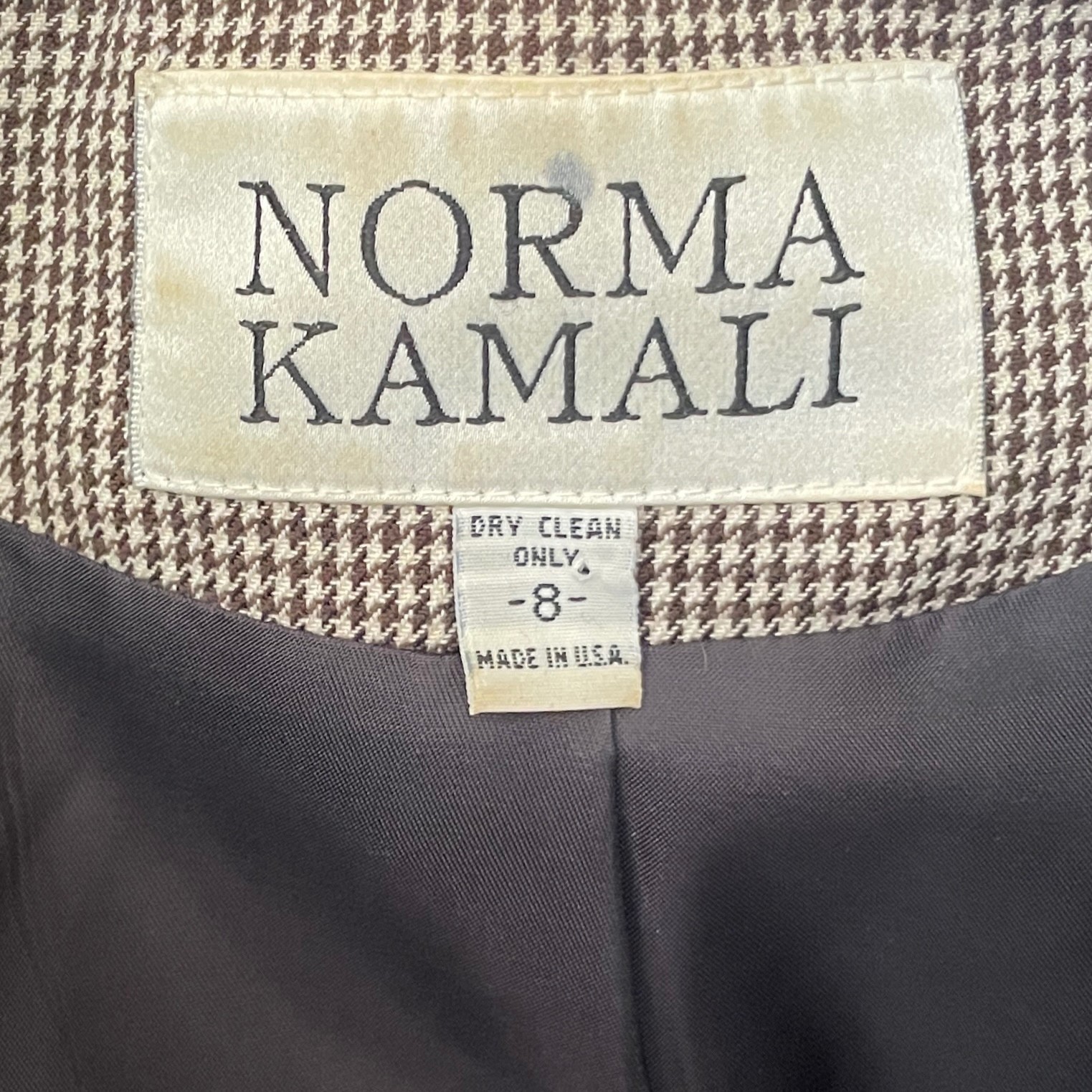 Vintage 90s Norma Kamali 6/8 Houndstooth Peplum Skirt Suit Brown Satin Trim