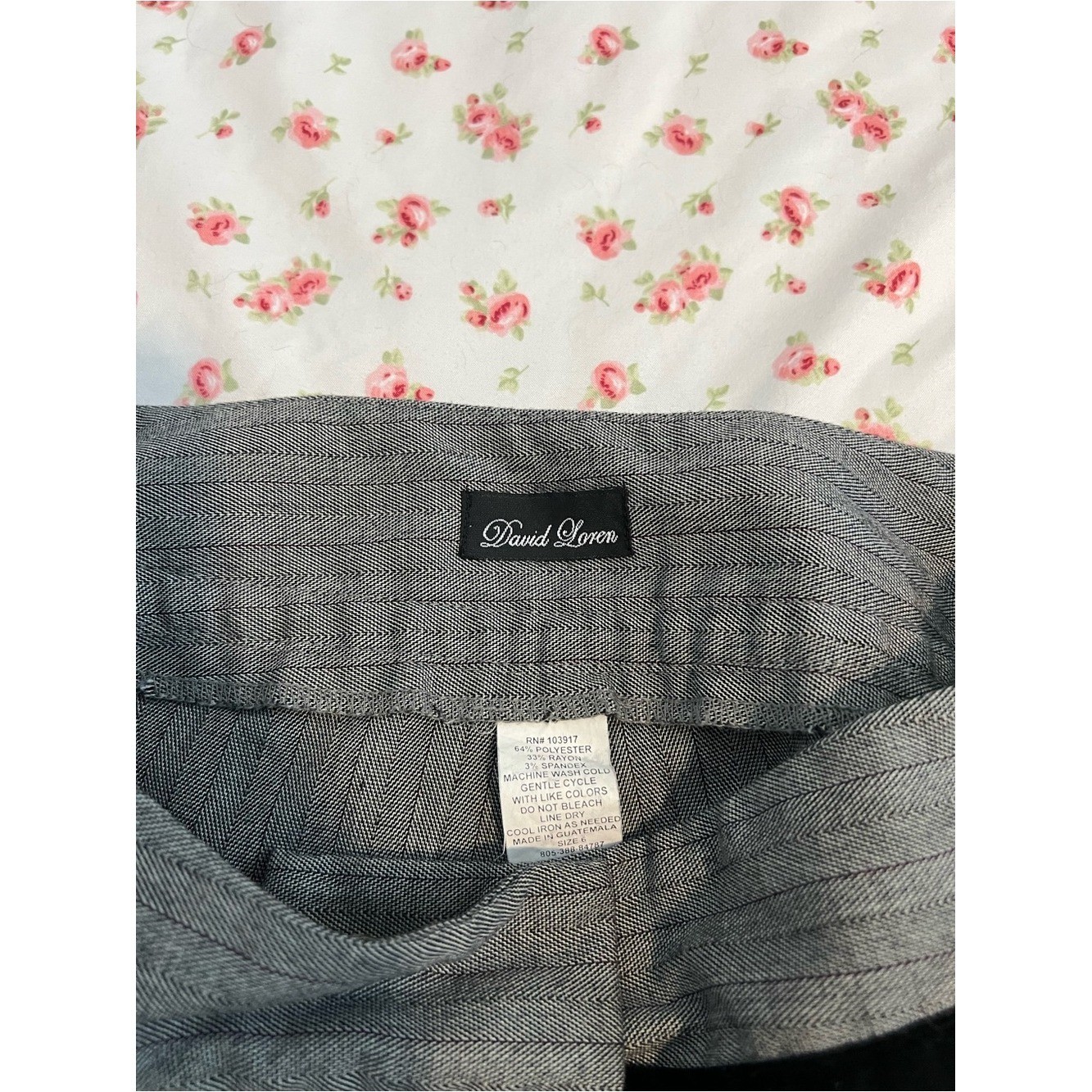 vintage y2k gray pinstripe office siren pants with black velvet waistband detail