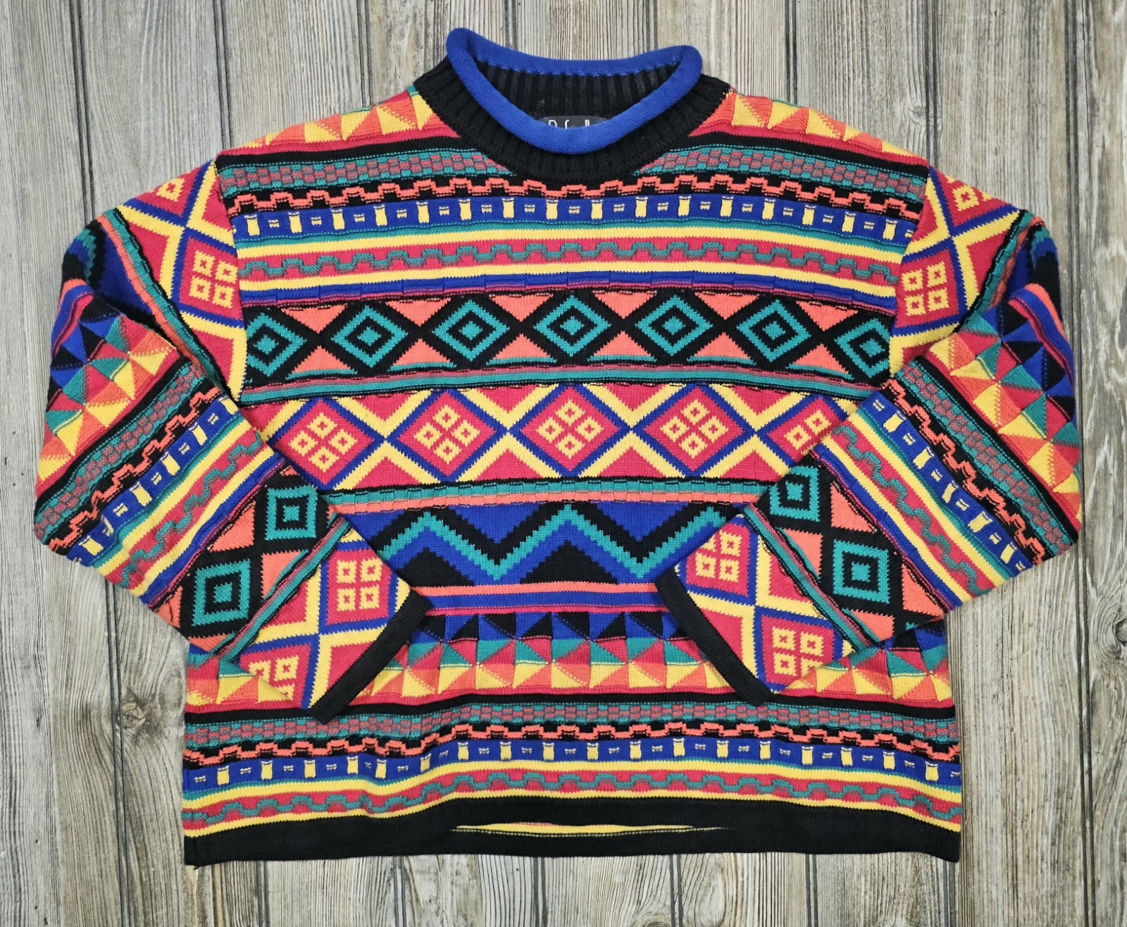 VTG 90’s Y2K Size 3D Knit Cosby Sweater Abstract Colorful Coogi Style Boxy Fit