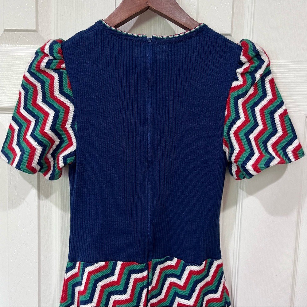 Vintage 1970s Aristo Kat Blue Multicolor Chevron Ribbed Knit Maxi Dress Size 12