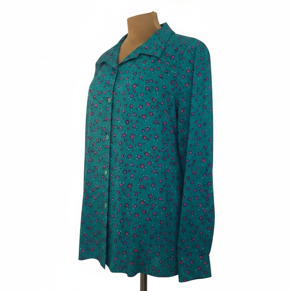 Claude Vintage Fun Floral Button Down Blouse Green Pink 80s Women’s USA 16