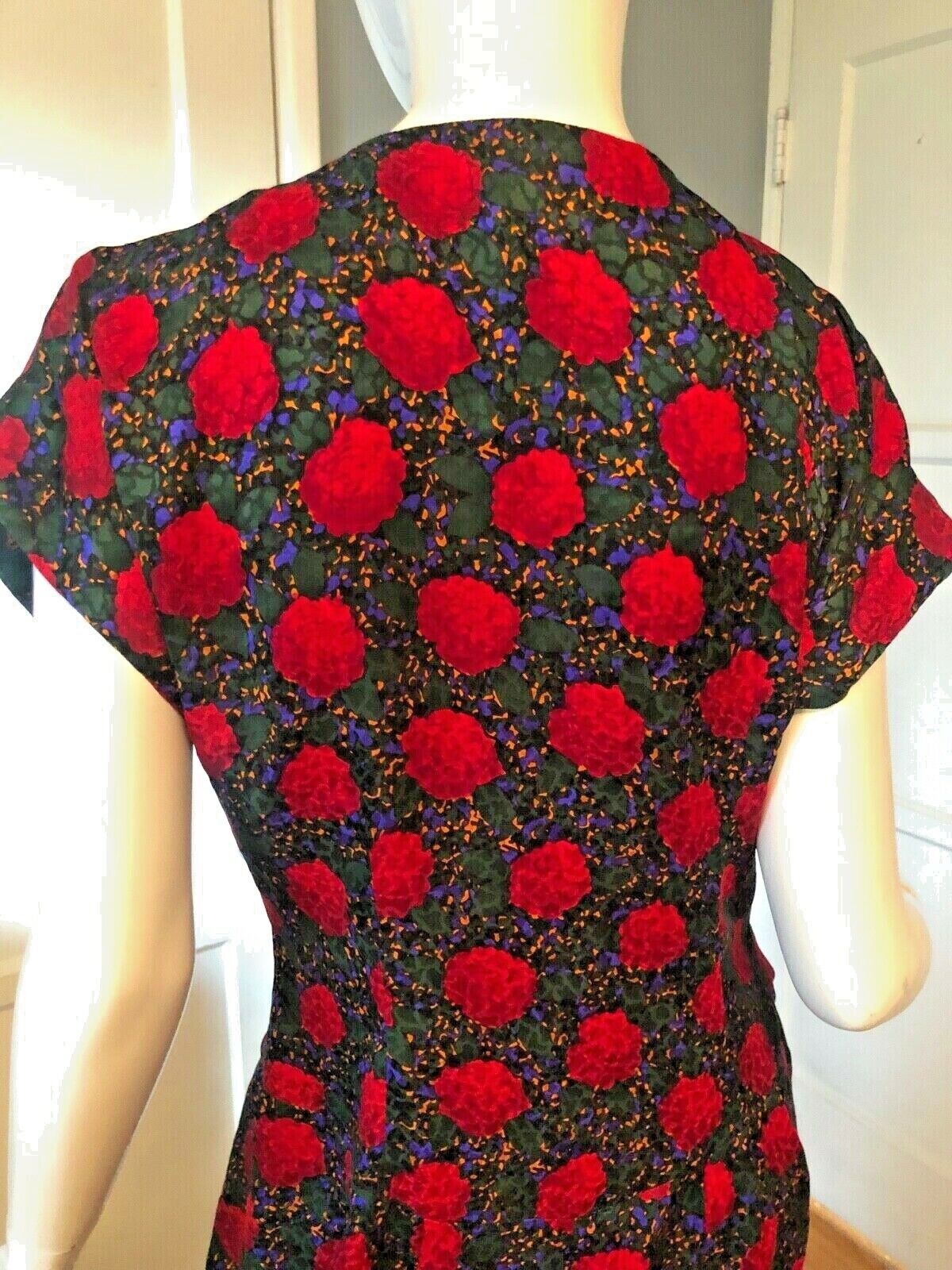 Dress M Vtg 80s Silk ART FLORAL Button Front TROPHY Sexy Secretary WEDDING GUEST