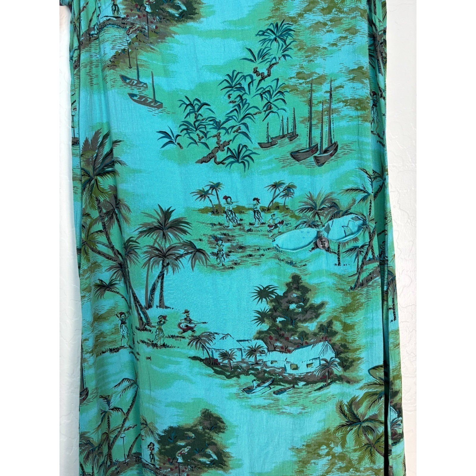 Vintage Weekend Traffic Teal Tropical Island Print Rayon Maxi Dress Sz S 2159