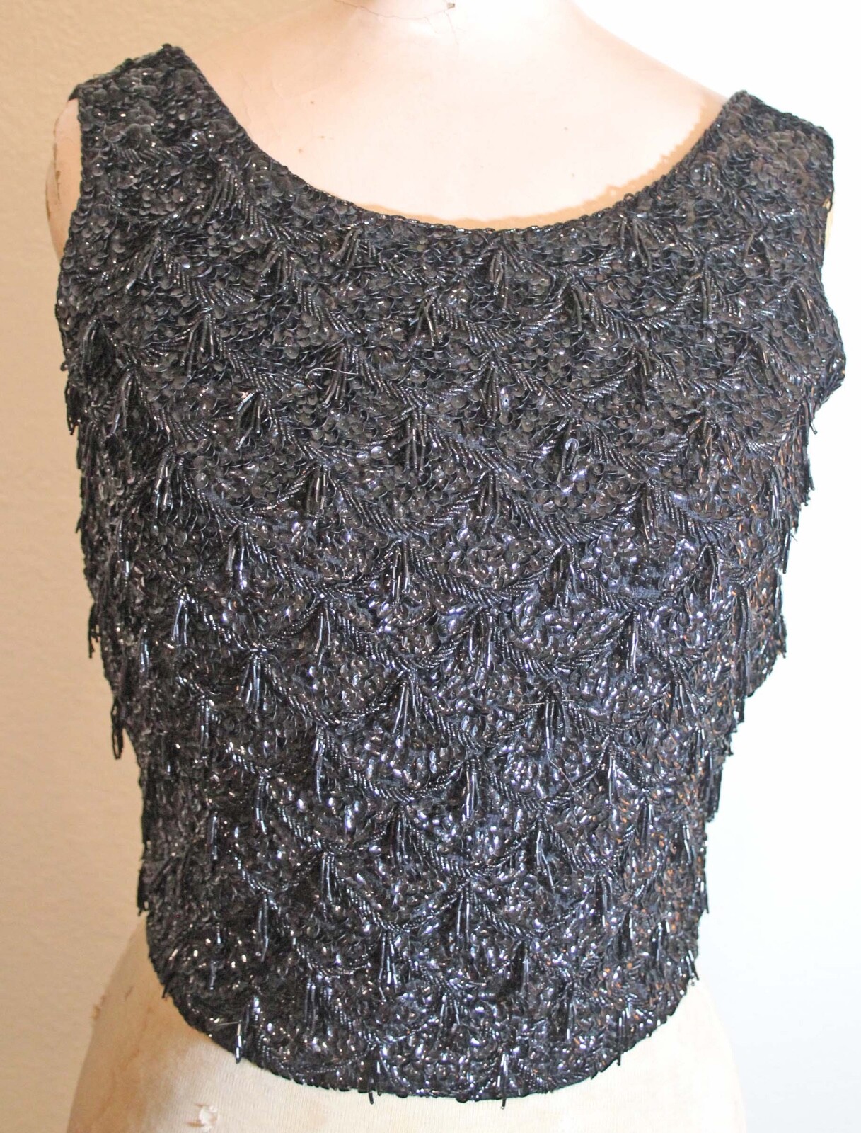 Vntg Heavily Beaded Bodice Top Dress Top Black Sequins Bugle Beads