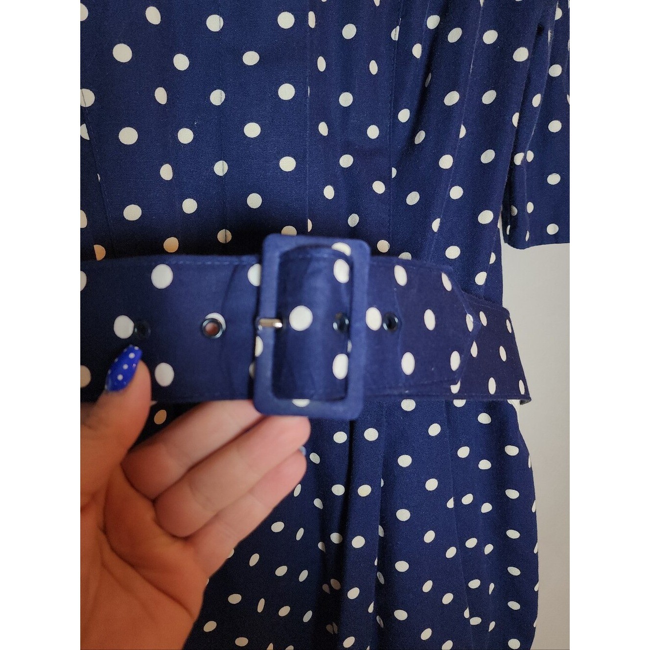Vintage Choon California Dress Blue White Polka Dots Belt Pockets Est Size XS