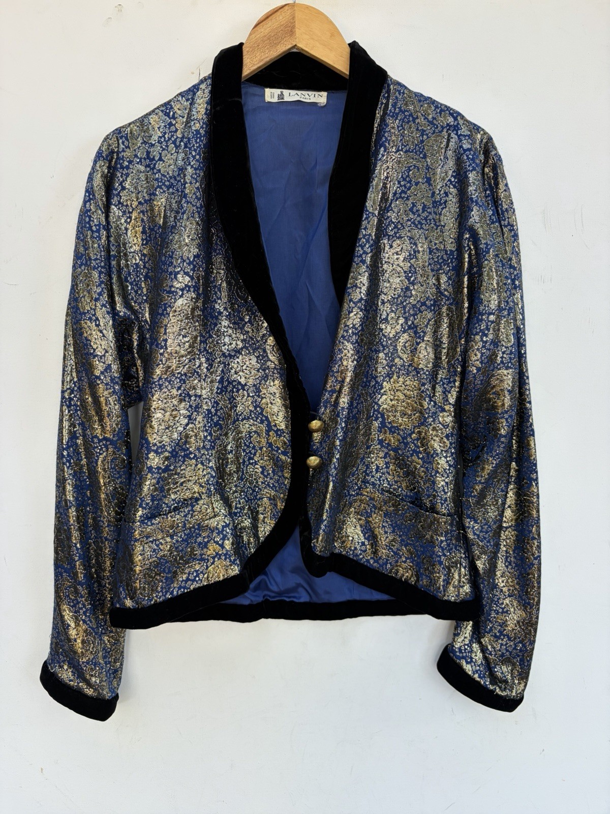 Lanvin Jacket Vintage Blue Gold Lame Floral Brocade Black Velvet Collar 1980s