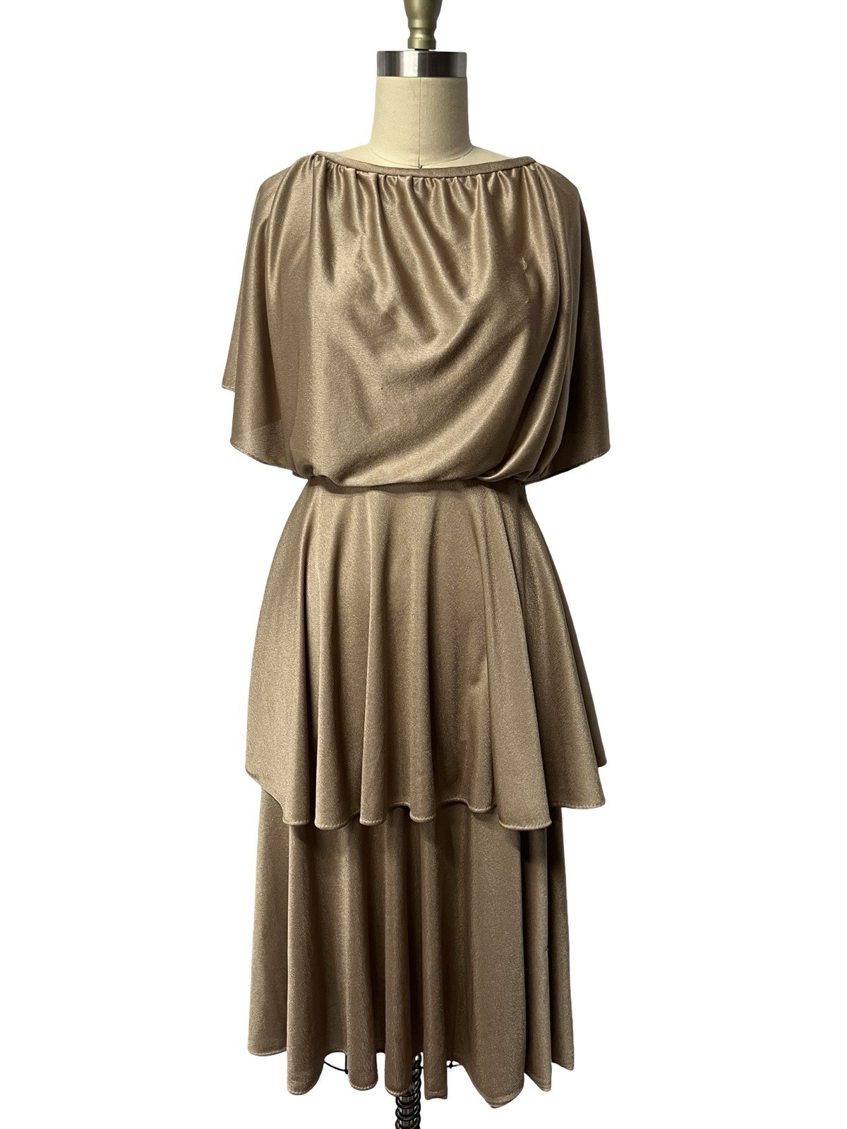 Vintage 1970’S Gold Glam Tiered Polyester Flounce Ruffle Party Dress SZ Small