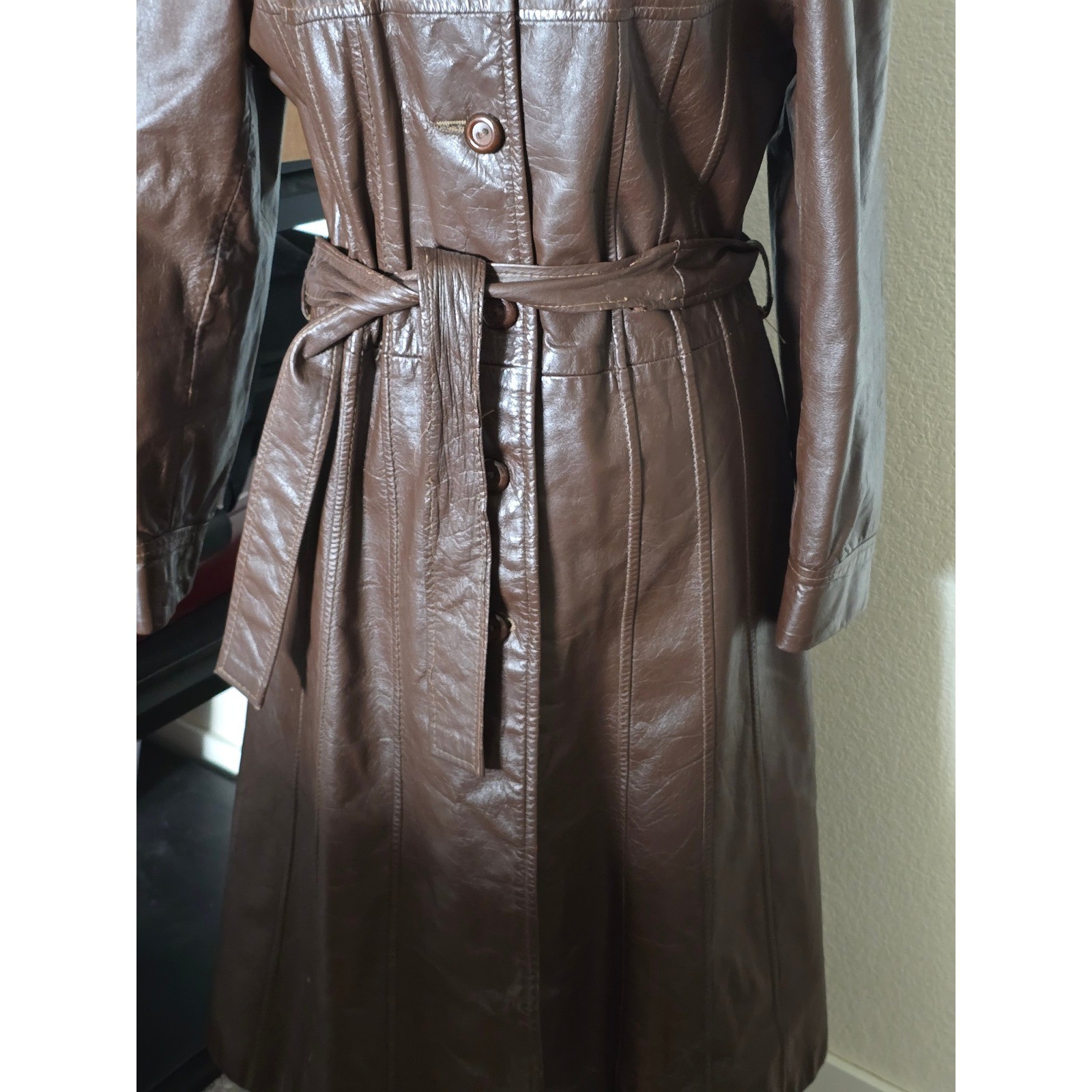 Vintage 70s Brown Leather Trench Coat Long Belted Womens 14 Junior Gallery Retro