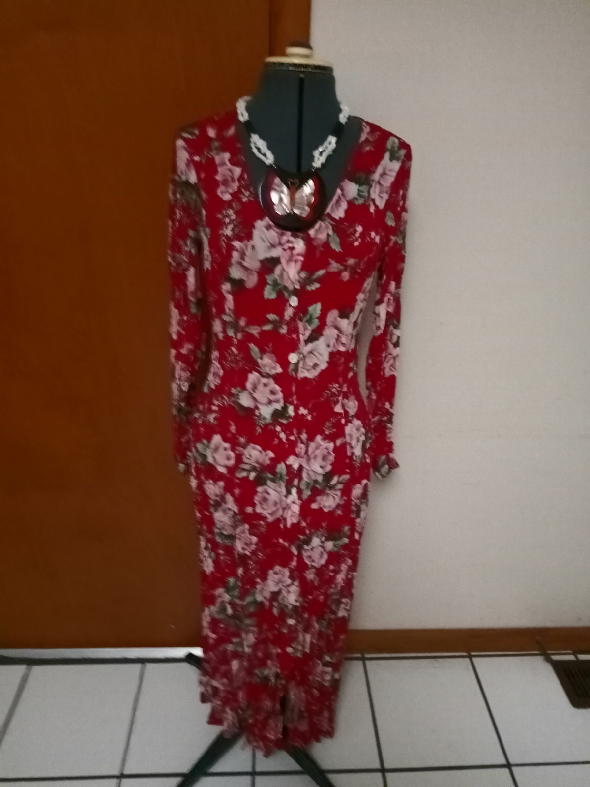 Vintage Guess 90s Dress Med Deep Red Pink Floral Flowers Long Tie Back Prarie