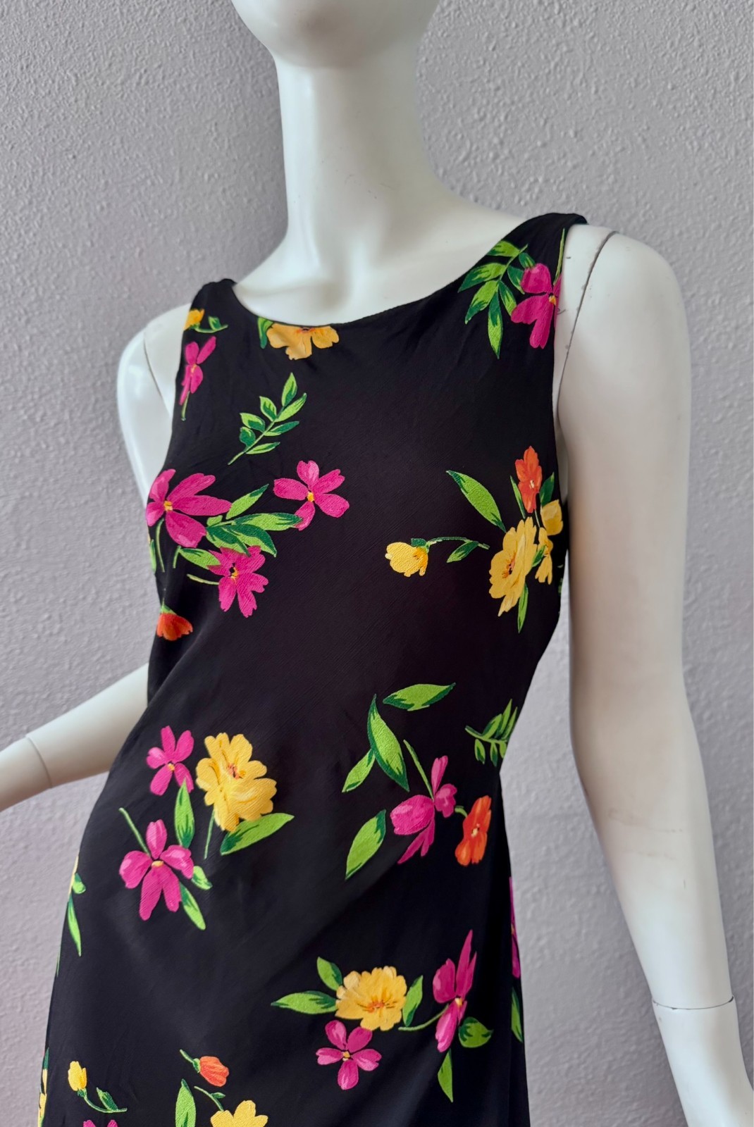 Vintage 90s Black Floral Femme Rayon Maxi Sun Dress M